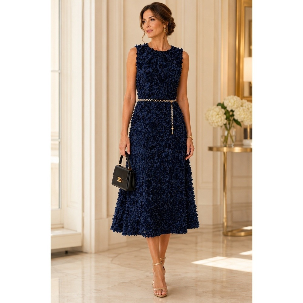 Akris Punto Ink Blue 3D Laser Cut Floral Petal Applique Midi Dress US 8 IT 44